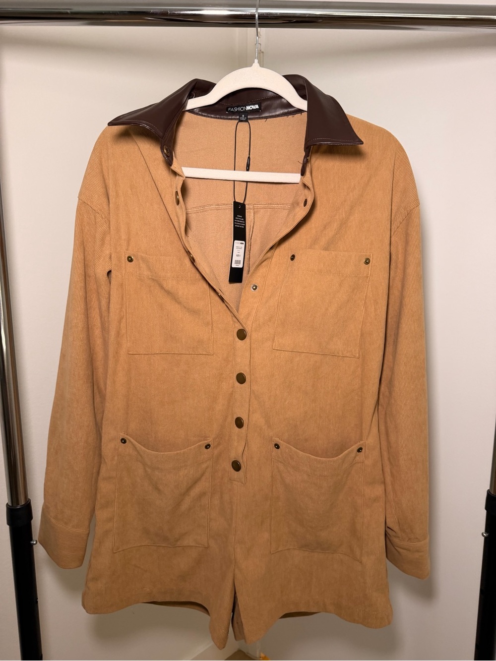Fashion Nova Tan Utility Jacket with Dark Brown Collar